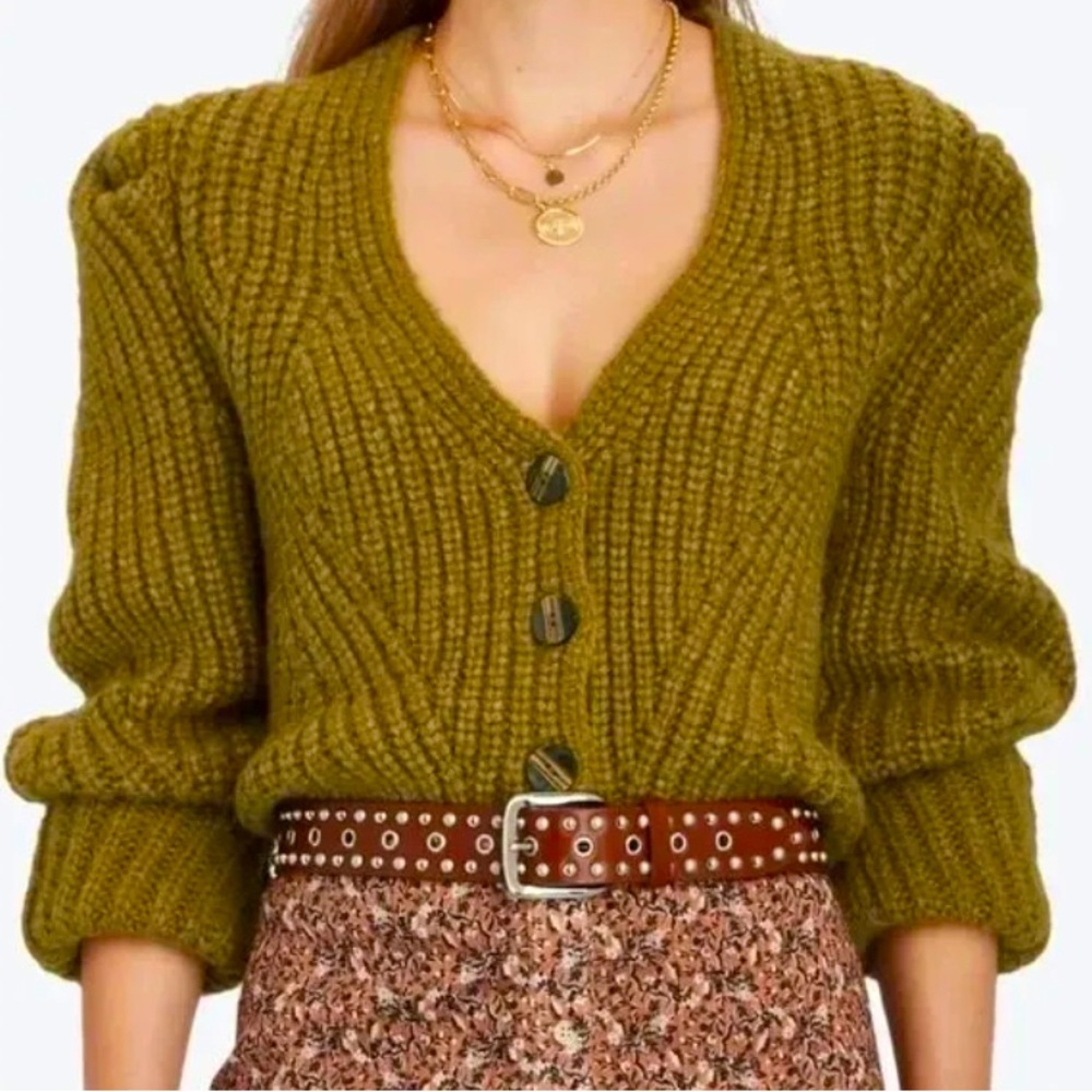 Ulla Johnson Greta Forest Green Baby Alpaca Cardigan Sweater Puff Sleeves M